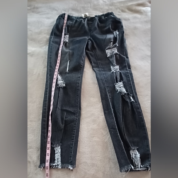 Faded Black Hi-Rise Distressed Destructed Elastic Waist Baggy Frayed Jeans Pants - Picture 10 of 15